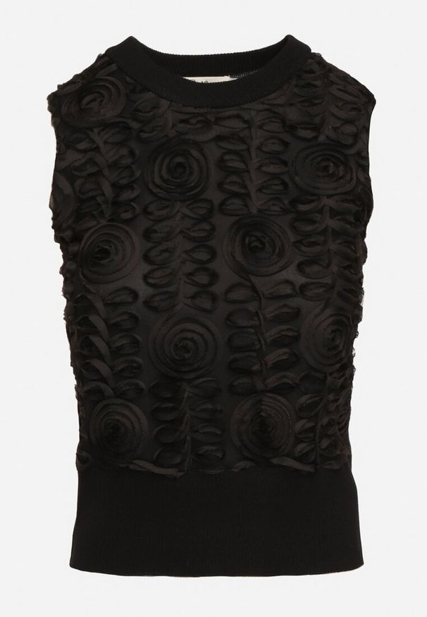 Born2be - Czarny Elegancki Top z Ozdobnymi Kwiatkami i Szerokim Ściągaczem Edalmina. Okazja: na co dzień. Kolor: czarny. Materiał: jeans. Wzór: kwiaty. Styl: elegancki