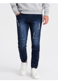 Ombre Clothing - Spodnie męskie marmurkowe JOGGERY z przetarciami - ciemnoniebieskie V1 - Rozmiar: S. Kolor: niebieski. Materiał: guma, elastan, bawełna