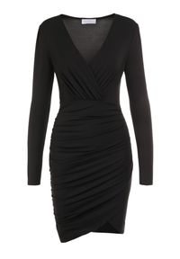 Born2be - Czarna Sukienka Euphusa. Kolor: czarny. Materiał: dzianina. Długość rękawa: długi rękaw. Wzór: gładki, aplikacja. Typ sukienki: kopertowe. Długość: mini #6