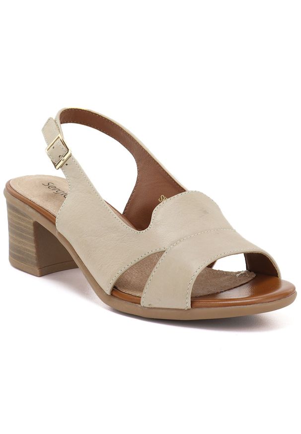 Skórzane sandały damskie na klocku beżowe Sergio Leone SK578-S. Kolor: beżowy. Materiał: skóra
