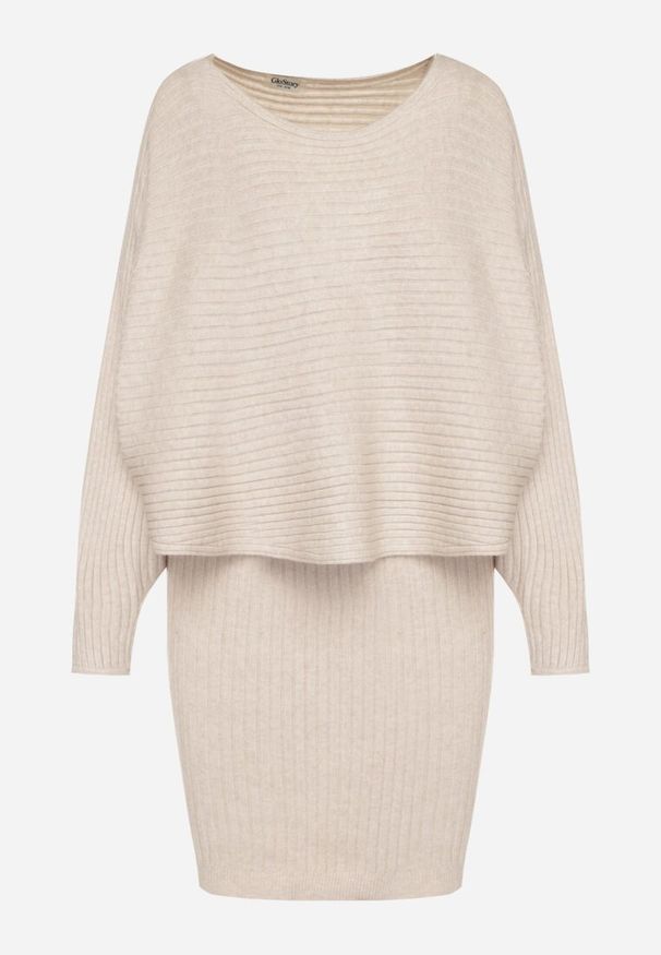 Born2be - Ciemnobeżowy Dzianinowy Komplet Prążkowany Sukienka i Sweter o Kroju Nietoperz Wederela. Kolor: beżowy. Materiał: prążkowany, dzianina