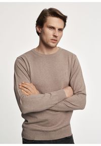 Ochnik - Beżowy sweter męski z logo. Okazja: na co dzień. Kolor: beżowy. Materiał: bawełna. Długość: długie. Styl: casual