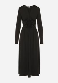 Born2be - Czarna Marszczona Sukienka Taliowana z Wiskozą z Dekoltem V i Długim Rękawem Emirie. Okazja: na co dzień, na spotkanie biznesowe. Typ kołnierza: dekolt w kształcie V. Kolor: czarny. Materiał: wiskoza. Długość rękawa: długi rękaw. Styl: casual, biznesowy #6