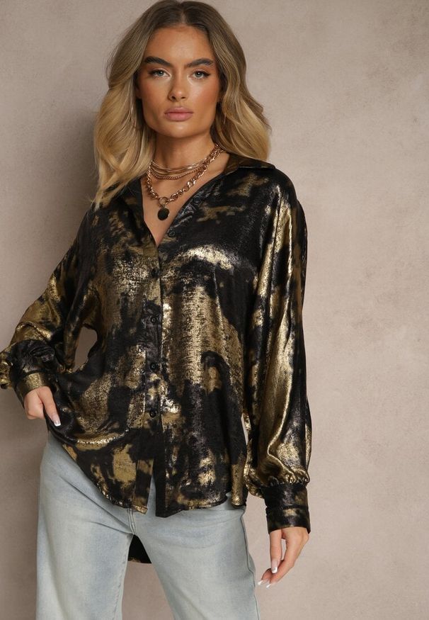 Renee - Złoto-Czarna Koszula Oversize Ozdobiona Metaliczną Nicią Sorilea. Okazja: na co dzień. Kolor: złoty. Materiał: jeans. Wzór: aplikacja. Styl: elegancki, casual