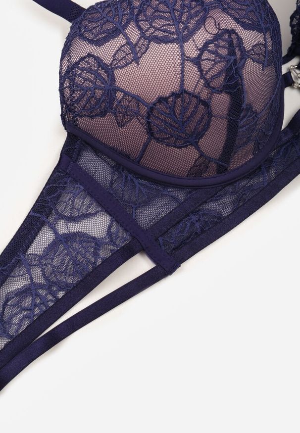 Renee - Granatowo-Różowy Koronkowy Biustonosz w Klasycznym Stylu z Aplikacją Galinassa. Kolor: niebieski. Materiał: koronka. Wzór: aplikacja