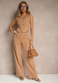 Renee - Ciemnobeżowy Komplet o Garniturowym Kroju z Wiskozą Spodnie Wide Leg i Top Silosea. Kolor: beżowy. Materiał: wiskoza. Wzór: aplikacja