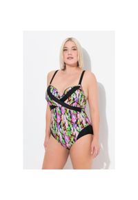 ULLA POPKEN - Damski Strój kąpielowy miękkie miseczki z fiszbinami kopertowy styl. Kolekcja: plus size. Kolor: czarny. Materiał: elastan, poliamid, materiał