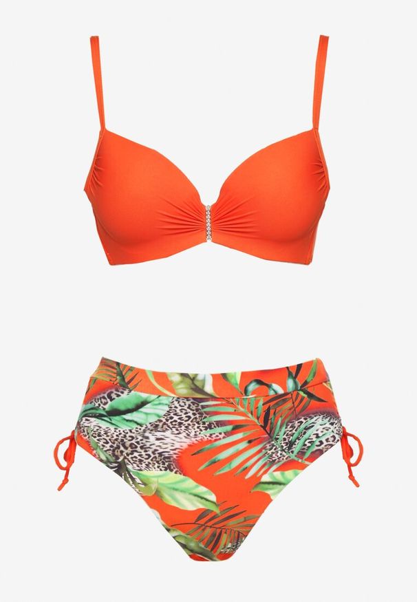 Born2be - Pomarańczowe Bikini Biustonosz i Majtki Figi ze Ściągaczami w Tropikalny Wzór Sadeille. Kolor: pomarańczowy