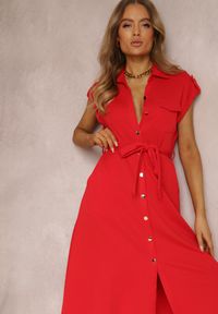 Renee - Czerwona Sukienka Koszulowa Eiditrite. Okazja: na co dzień. Kolor: czerwony. Materiał: tkanina, materiał, bawełna. Wzór: gładki, jednolity, aplikacja. Sezon: lato. Typ sukienki: koszulowe. Styl: casual #2