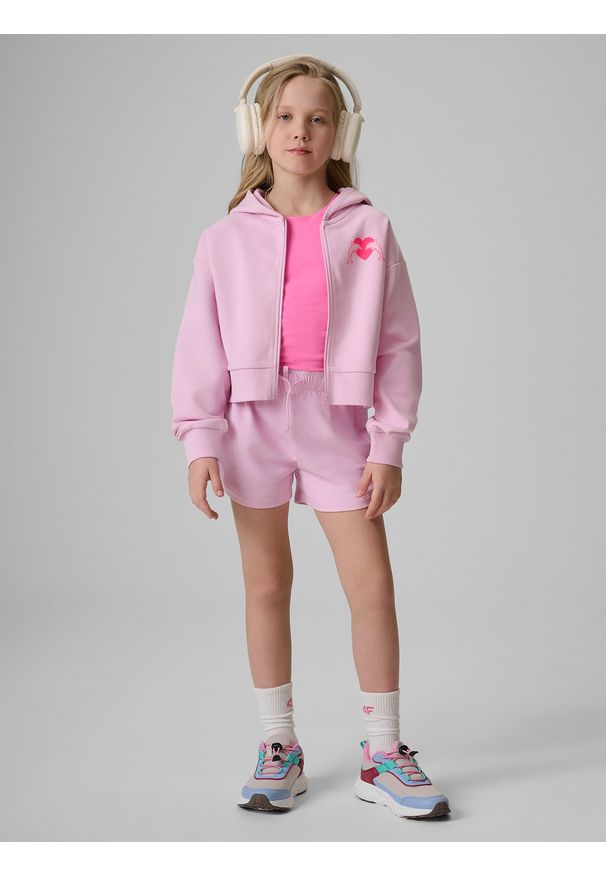 4f - 4F Bluza dresowa loose z kapturem dziewczęca - różowa 134/140 (8-10 lat). Okazja: na co dzień, na uczelnię, na spacer. Typ kołnierza: kaptur. Kolor: różowy. Materiał: dresówka. Sezon: lato. Styl: casual