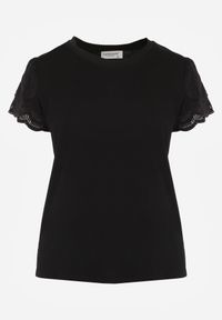 Born2be - Czarny Bawełniany T-shirt z Koronkowymi Rękawami Carilynore. Okazja: na co dzień. Kolor: czarny. Materiał: bawełna, koronka. Styl: elegancki, klasyczny, casual #5