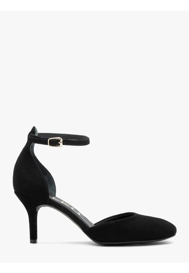 Ryłko - Czarne czółenka zapinane na pasek ze skóry welurowej. Nosek buta: okrągły. Zapięcie: pasek. Kolor: czarny. Materiał: skóra, welur. Sezon: lato. Obcas: na obcasie. Styl: elegancki. Wysokość obcasa: średni