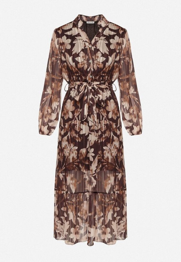 Born2be - Beżowa Rozkloszowana Sukienka z Wiązanym Paskiem i Metaliczną Nicią Nalirina. Okazja: na co dzień. Typ kołnierza: dekolt w kształcie V. Kolor: beżowy. Materiał: wiskoza, elastan. Wzór: aplikacja. Typ sukienki: proste, rozkloszowane. Styl: elegancki, casual, klasyczny