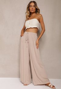 Renee - Jasnobeżowe Szerokie Spodnie High Waist z Gumką w Talii Ilnena. Okazja: na co dzień. Stan: podwyższony. Kolor: beżowy. Styl: klasyczny, casual, elegancki