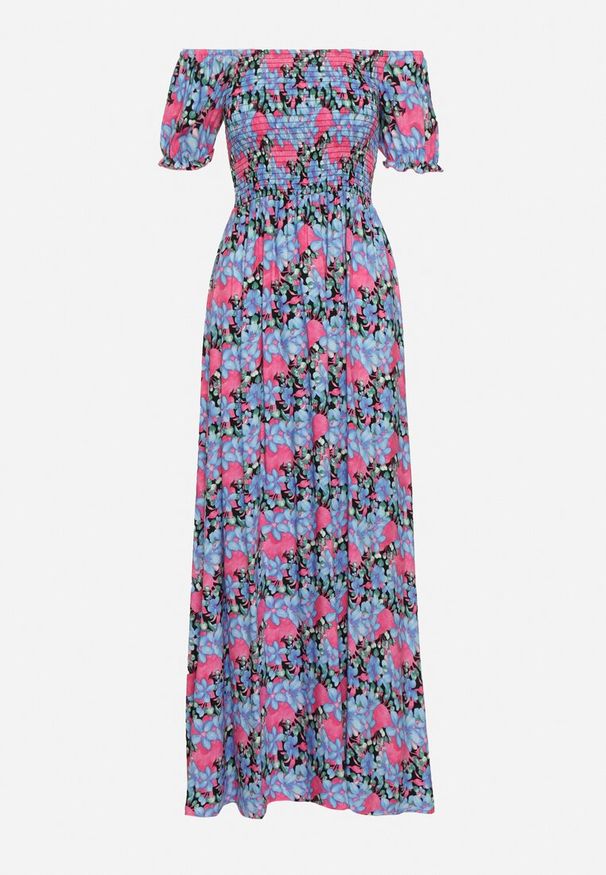 Born2be - Fioletowo-Niebieska Rozkloszowana Sukienka Typu Hiszpanka z Marszczoną Górą Jesteria. Typ kołnierza: dekolt hiszpanka. Kolor: fioletowy. Długość rękawa: krótki rękaw. Styl: wakacyjny, elegancki