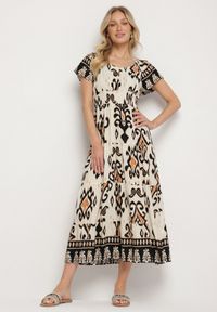 Born2be - Jasnobeżowa Wiskozowa Sukienka z Geometrycznym Wzorem Cleanna. Okazja: na spacer, na co dzień. Kolor: beżowy. Materiał: wiskoza. Wzór: geometria. Typ sukienki: proste. Styl: casual, elegancki #4