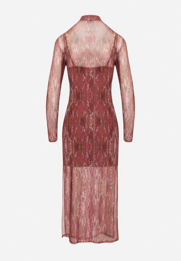 Born2be - Bordowa Transparentna Sukienka z Wiskozą Półgolfem i Halką Vertilena. Okazja: na co dzień. Kolor: czerwony. Materiał: wiskoza. Typ sukienki: dopasowane. Styl: casual, elegancki, wizytowy