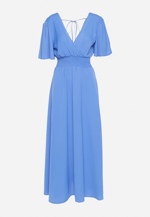 Born2be - Niebieska Sukienka z Rozkloszowanymi Rękawami Gumką w Pasie i Wiązaniem na Plecach Larielle. Okazja: na imprezę, na co dzień. Typ kołnierza: dekolt w kształcie V. Kolor: niebieski. Materiał: bawełna. Typ sukienki: proste. Styl: casual, elegancki