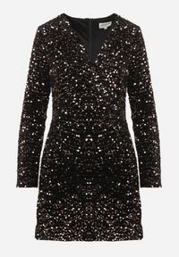 Born2be - Złoto-Czarna Kopertowa Sukienka z Cekinami o Dopasowanym Kroju Bonilena. Kolor: złoty. Wzór: aplikacja. Typ sukienki: kopertowe #7