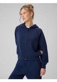 4f - 4F Bluza dresowa regular z modalem damska - granatowa S. Okazja: na co dzień. Typ kołnierza: kaptur. Kolor: niebieski. Materiał: dresówka. Długość rękawa: raglanowy rękaw. Długość: krótkie. Wzór: gładki. Styl: casual #1