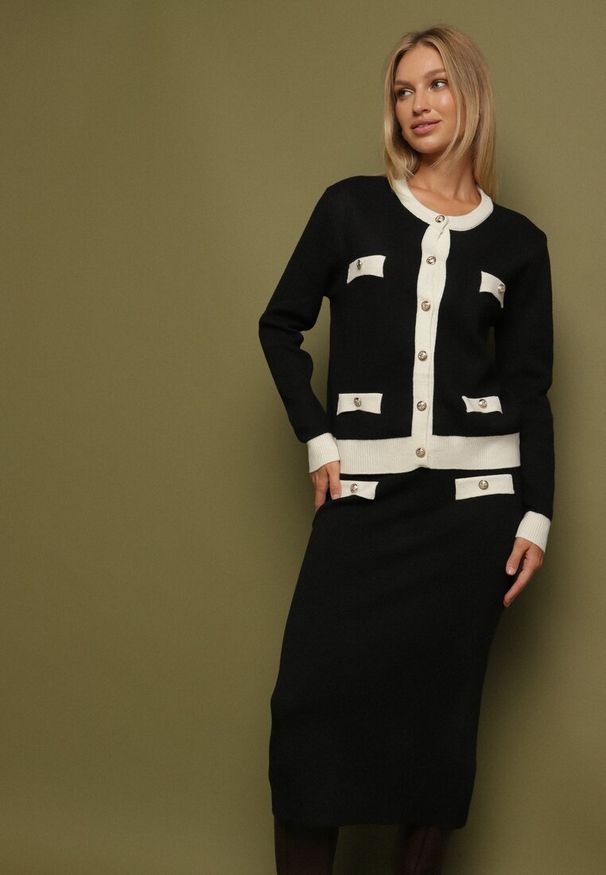 Born2be - Czarno-Biały Dzianinowy Komplet z Bawełną Kardigan i Spódnica Amantta. Kolor: czarny. Materiał: dzianina, bawełna