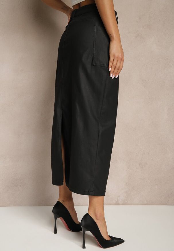 Renee - Czarna Ołówkowa Spódnica Midi High Waist z Ekoskóry Adaulfo. Stan: podwyższony. Kolor: czarny. Sezon: zima