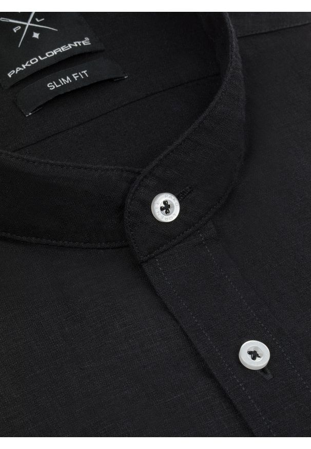 Pako Lorente - Lniana czarna koszula męska ze stójką. Typ kołnierza: kołnierzyk stójkowy. Kolor: czarny. Materiał: len. Długość rękawa: krótki rękaw. Długość: krótkie. Wzór: gładki