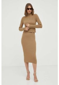 MICHAEL Michael Kors spódnica wełniana kolor brązowy midi ołówkowa. Kolor: brązowy. Materiał: wełna
