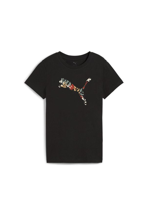 Puma - Damska koszulka z logo GRAPHICS Floral Cat PUMA Black. Kolor: czarny. Materiał: guma. Wzór: kwiaty, nadruk