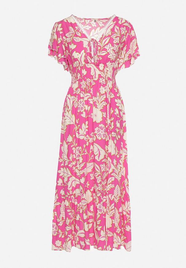 Born2be - Różowa Wiskozowa Rozkloszowana Sukienka z Ozdobnym Wiązaniem i Koronkową Tasiemką z Gumką w Pasie Lalmarie. Okazja: na spacer, do pracy, na co dzień, na spotkanie biznesowe. Kolor: różowy. Materiał: wiskoza, koronka. Wzór: aplikacja. Styl: casual, biznesowy