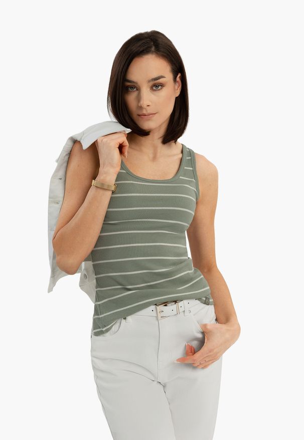 Volcano - Top w paski T-ESTER. Materiał: elastan, materiał, prążkowany, bawełna, jeans. Długość rękawa: na ramiączkach. Wzór: paski. Styl: klasyczny, sportowy