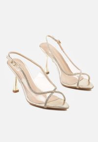 Renee - Złote Transparentne Sandały Slingback z Cyrkoniami na Klepsydrze Lilloti. Okazja: na randkę, na spotkanie biznesowe, na co dzień. Kolor: złoty. Obcas: na obcasie. Styl: casual, elegancki, wizytowy, biznesowy. Wysokość obcasa: średni #5