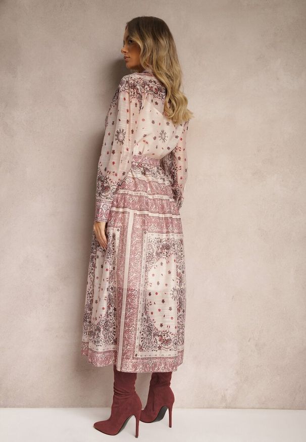 Renee - Beżowa Sukienka o Rozkloszowanym Kroju Koszulowym z Bawełną i Paskiem Merichelle. Kolor: beżowy. Materiał: bawełna. Długość rękawa: na ramiączkach. Typ sukienki: koszulowe