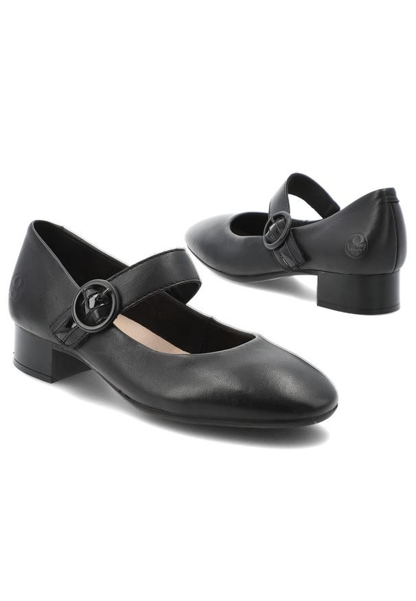 Czółenka damskie Rieker, stabilny niski obcas klasyczny fason pasek z zapięciem miękka cholewka wygodne dopasowanie elegancki charakter, czarne, 4345. Zapięcie: pasek. Kolor: czarny. Szerokość cholewki: normalna. Obcas: na obcasie. Styl: elegancki, klasyczny. Wysokość obcasa: niski