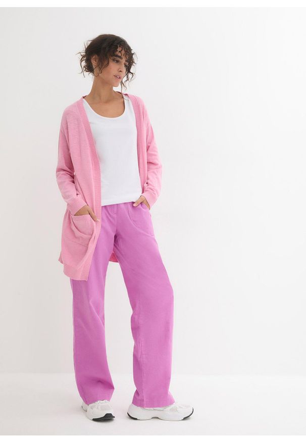 bonprix - Sweter bawełniany bez zapięcia, z dzianiny o splocie drobnych oczek. Kolor: różowy. Materiał: bawełna, dzianina. Wzór: ze splotem