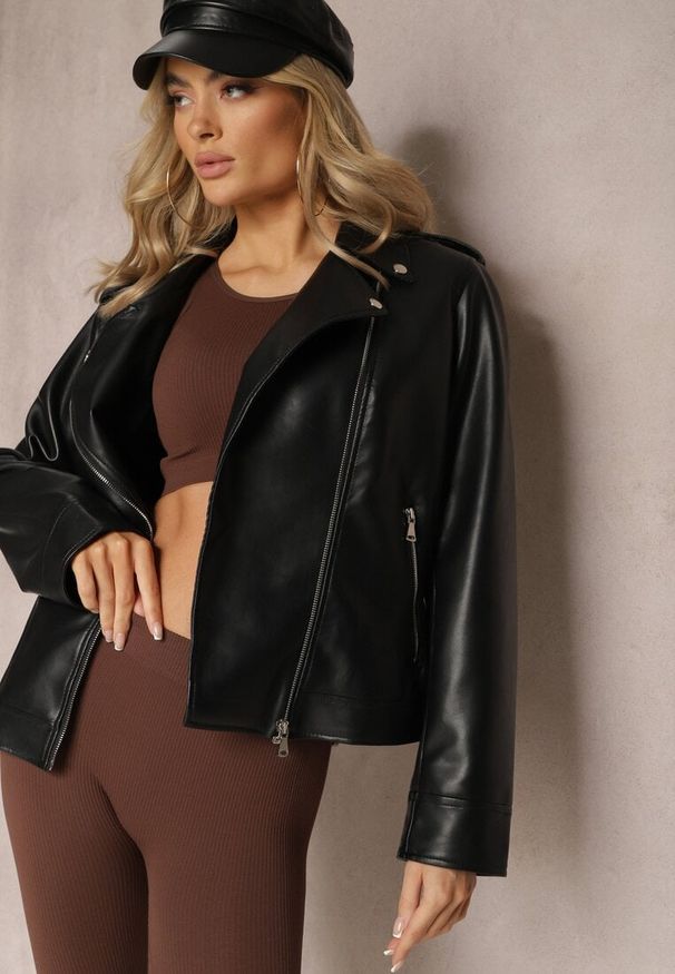 Renee - Czarna Kurtka Ramoneska z Napami na Ramionach i Asymetrycznym Suwakiem Brexlynn. Okazja: na co dzień. Kolekcja: plus size. Kolor: czarny. Materiał: skóra. Styl: klasyczny, casual