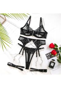 Intica - Komplet bielizny z koronką i łańcuszkami Clovis. Kolor: czarny. Materiał: koronka. Wzór: koronka #1