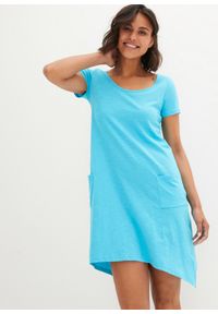 bonprix - Krótka sukienka bawełniana z przędzy mieszankowej, krótki rękaw. Kolor: niebieski. Materiał: bawełna. Długość rękawa: krótki rękaw. Długość: mini