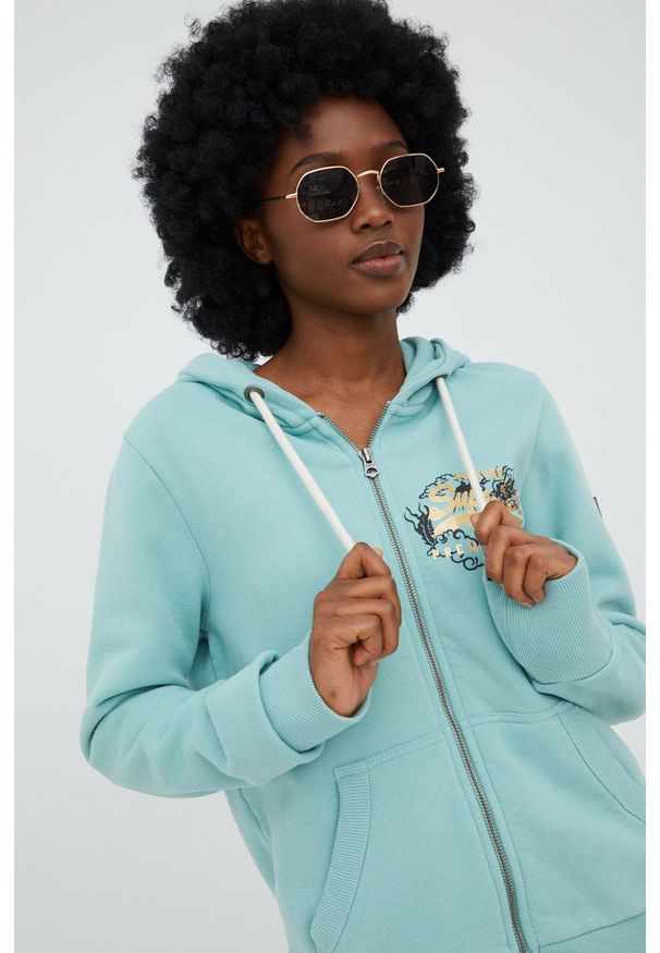 Superdry bluza damska kolor zielony z kapturem z nadrukiem. Okazja: na co dzień. Typ kołnierza: kaptur. Kolor: zielony. Materiał: dzianina. Wzór: nadruk. Styl: casual