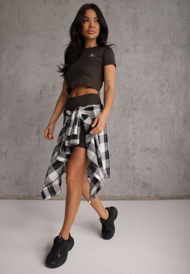 Renee - Brązowy Basicowy T-shirt w Stylu Cropped z Subtelnym Nadrukiem Loraera. Okazja: na co dzień. Kolor: brązowy. Materiał: jeans. Długość: krótkie. Wzór: nadruk. Styl: elegancki, casual, sportowy
