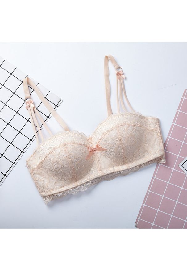 Intica - Biustonosz balkonetka push-up koronkowy z kokardkami Hafize. Kolor: beżowy. Materiał: koronka. Rodzaj stanika: push-up