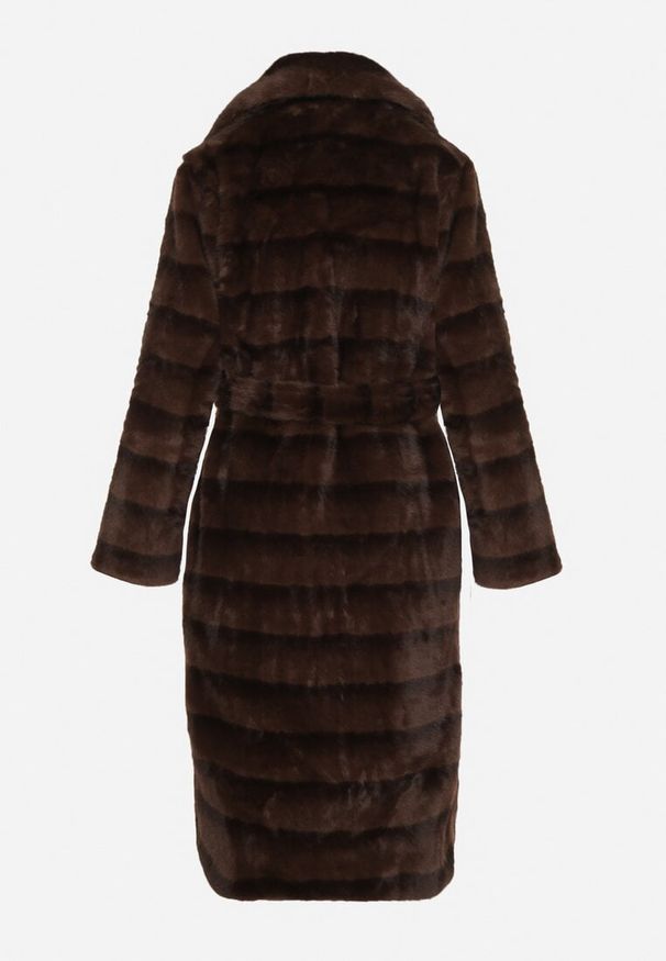 Born2be - Brązowy Klasyczny Płaszcz Futerko z Wiązanym Paskiem Aranelle. Okazja: na co dzień. Kolor: brązowy. Materiał: futro. Styl: klasyczny