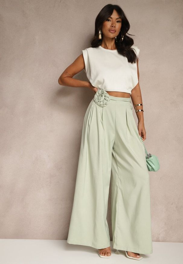 Renee - Zielone Spodnie o Szerokim Kroju High Waist z Kwiatem 3D Firalisse. Okazja: na co dzień. Stan: podwyższony. Kolor: zielony. Wzór: kwiaty. Styl: klasyczny, elegancki, casual