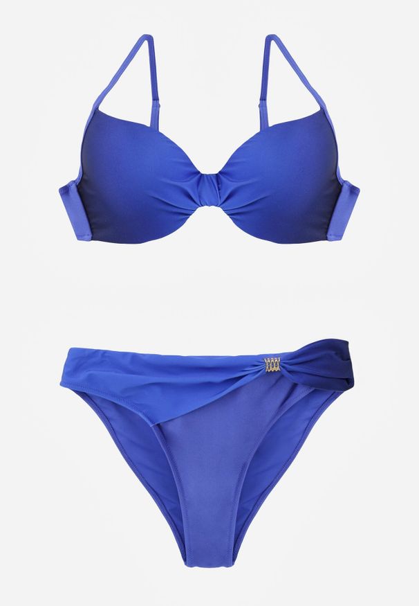 Born2be - Niebieskie Bikini Biustonosz i Figi z Ozdobnym Marszczeniem i Aplikacją Periete. Kolor: niebieski. Wzór: aplikacja
