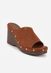 Born2be - Brązowe Klapki Drewniaki z Imitacji Zamszu na Koturnie Zdobione Nitami Edraele. Okazja: na co dzień. Kolor: brązowy. Materiał: zamsz. Wzór: aplikacja. Obcas: na koturnie. Styl: boho, casual, klasyczny, elegancki #8