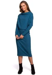 MOE - Kimonowa Sukienka z Ołówkowym Dołem - Morska. Kolor: morski. Materiał: bawełna, elastan. Typ sukienki: ołówkowe