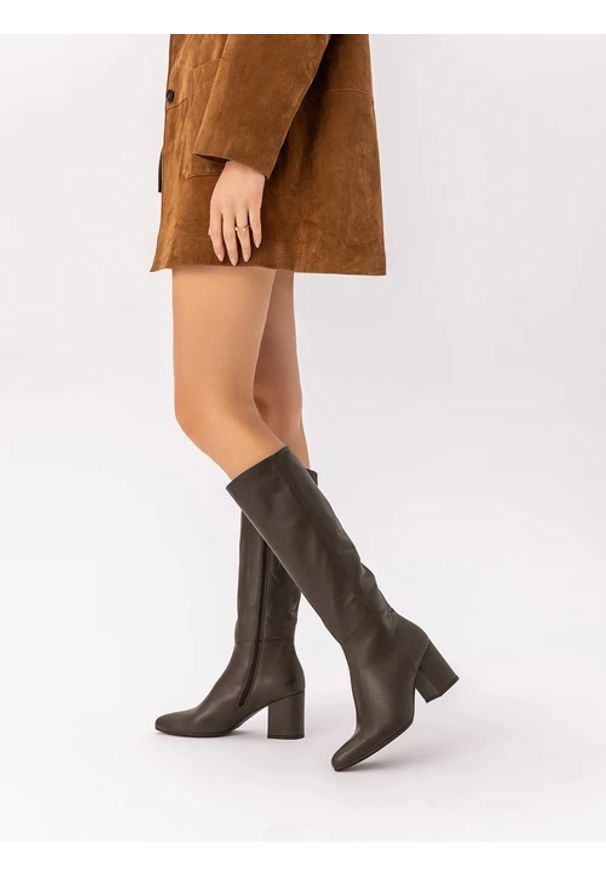 Ryłko - Brązowe skórzane kozaki na stabilnym obcasie. Nosek buta: szpiczasty. Zapięcie: zamek. Kolor: brązowy. Materiał: skóra. Szerokość cholewki: normalna. Obcas: na obcasie. Styl: elegancki, klasyczny. Wysokość obcasa: średni