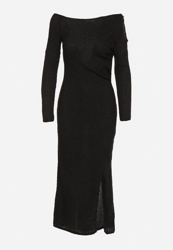 Born2be - Czarna Dopasowana Sukienka z Metaliczną Ozdobą na Ramieniu Reilara. Kolor: czarny. Wzór: aplikacja. Styl: elegancki