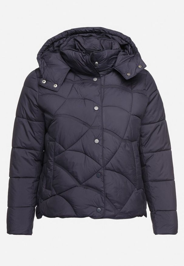Born2be - Granatowa Pikowana Kurtka z Kieszeniami i Kapturem z Możliwością Odpięcia Nikigala. Okazja: na co dzień, na spacer. Kolekcja: plus size. Kolor: niebieski. Materiał: jeans, materiał. Styl: casual, elegancki