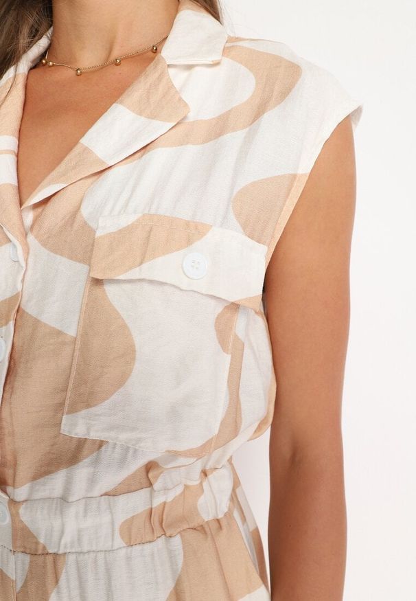 Born2be - Beżowy Długi Kombinezon z Gumką w Pasie w Geometryczny Wzór z Wiskozą Orivia. Okazja: na co dzień. Kolor: beżowy. Materiał: wiskoza. Długość: długie. Wzór: geometria. Styl: casual, klasyczny